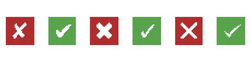 Pixel Art Green Check Marks and Red X Icons Set in Squares. Approval and Rejection Symbol in UI Design. Correct and Wrong Indicators. Isolated Illustration vector