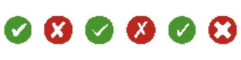 Pixel Art Green Check Marks and Red Cross Icons in Circle Shapes. Approval and Rejection Symbol Collection for Retro UI Design. Success and Error Sign. Isolated Illustration vector