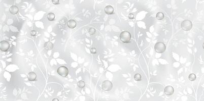 Realistic texture of grey silk background with pattern of leaves and branches. 3D texture of silk natural fabric with smooth pleats and pearl beads vector