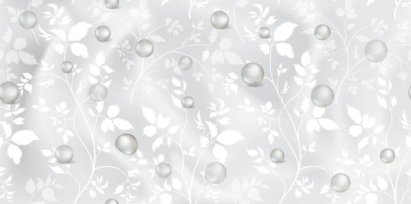 Realistic texture of grey silk background with pattern of leaves and branches. 3D texture of silk natural fabric with smooth pleats and pearl beads