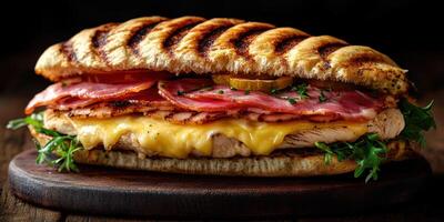 Mouthwatering grilled sandwich with layers of meat and cheese on a rustic wooden table photo
