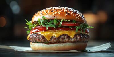 Juicy cheeseburger with fresh vegetables served on a wooden table at a lively restaurant in the evening photo
