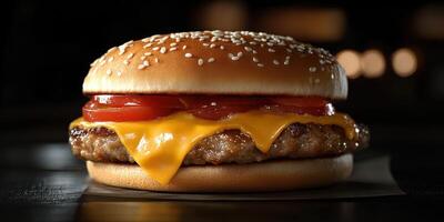 Delicious cheeseburger with fresh tomato and melted cheese served in a warm sesame seed bun photo