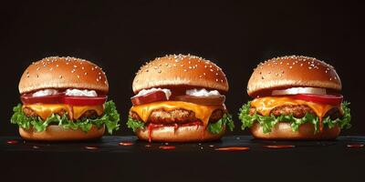 Juicy burgers with melted cheese and fresh toppings in a contemporary fast food setting captured in dim lighting photo