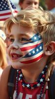 Child celebrates patriotic holiday with face paint displaying stars and stripes at a community event during summer festival photo
