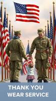 Soldiers salute amid numerous flags while a child reaches out, honoring military service and sacrifice photo