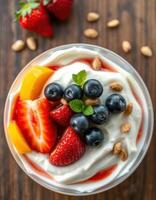 Fresh fruit parfait with yogurt, berries, and nuts served in a glass bowl on a wooden table photo