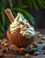 Delicious coconut bowl filled with creamy soft serve topped with coffee beans and set against a natural backdrop photo