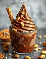 Creamy chocolate soft serve topped with nuts and a wafer cone served in a glass cup photo
