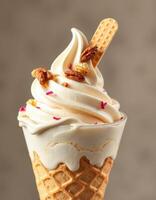 Creamy ice cream cone topped with nuts and colorful sprinkles in a cozy setting photo