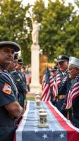 Honorary ceremony with uniformed personnel and flags during a memorial event in a public park photo