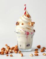 Delicious soft serve dessert topped with nuts and a cherry on a white background photo