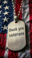 Honoring veterans with a heartfelt message on a dog tag displayed against an American flag backdrop photo