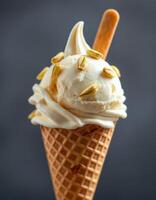 Delicious ice cream cone topped with creamy vanilla and crunchy nuts in a waffle cone photo