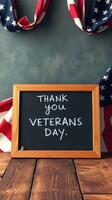 Celebration of Veterans Day with a thank you message on a chalkboard surrounded by patriotic decor photo