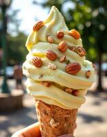 Creamy green ice cream swirl topped with crunchy nuts enjoyed in a sunny park setting photo