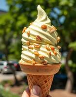 Delicious green tea soft serve ice cream topped with nuts in a sunny outdoor setting photo