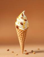 Delicious ice cream cone with caramel sauce and nuts on a neutral background photo