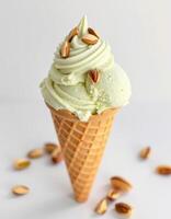 Fresh mint ice cream topped with roasted nuts in a crisp cone at a dessert shop photo
