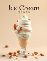 Celebrating the joy of ice cream with a delightful cone topped with fluffy swirls and crunchy nuts photo