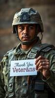Soldier expresses gratitude to veterans with a heartfelt message in a military setting photo