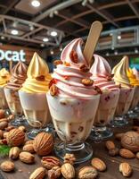 Delicious soft serve ice cream served in elegant glass bowls with nuts and toppings at a dessert shop photo