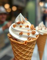 Delicious soft serve ice cream topped with crunchy toppings enjoyed at a vibrant city location photo