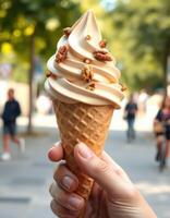 Hand holding a soft serve ice cream cone topped with nuts in a sunny city street with people in the background photo