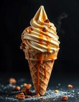 Indulgent caramel swirl ice cream cone topped with crunchy bits and dripping caramel sauce photo