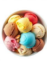 Colorful assortment of ice cream scoops in a bowl with nuts, perfect for a hot summer day treat on a sunny afternoon photo