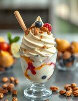Delicious dessert featuring creamy swirls topped with berries and nuts at a vibrant cafe in the afternoon sunlight photo