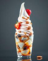 Delicious dessert featuring soft serve ice cream topped with fresh strawberries and nuts in a glass cup photo