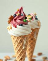 Creamy swirls of frozen dessert topped with colorful sprinkles and nuts served in waffle cones photo