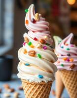 Delicious ice cream cones with colorful toppings displayed in a cozy cafe setting photo