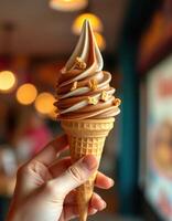 Enjoying a delectable swirl of chocolate and vanilla ice cream with caramel topping in a cozy cafe setting photo
