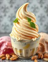 Delicious soft serve ice cream topped with mint leaves in a dessert shop setting photo