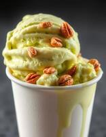Creamy avocado ice cream topped with crunchy nuts served in a paper cup with drips on a dark background photo