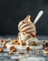 Delicious soft serve ice cream with crunchy toppings in an elegant presentation on a marble surface photo