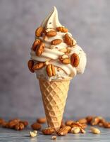Delightful ice cream cone topped with nuts set against a textured background in a tempting dessert display photo