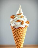 Soft serve ice cream topped with nuts and colorful sprinkles in a waffle cone on a simple background photo