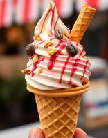 Delicious ice cream cone topped with syrup, nuts, and coffee beans at a bustling street market on a sunny day photo