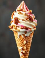Deliciously swirled ice cream cone topped with nuts and syrup, perfect for a summer treat photo