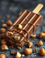 Chocolate popsicle with nuts drizzled in chocolate on a dark surface surrounded by hazelnuts and chocolate pieces photo