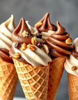 Delicious chocolate and vanilla soft serve ice cream cones topped with nuts, presented appealingly in a bright setting photo