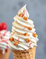 Delicious ice cream cone topped with nuts and syrup served in vibrant setting photo