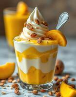 Delicious tropical dessert featuring layers of mango and creamy yogurt topped with nuts and fruit slice photo