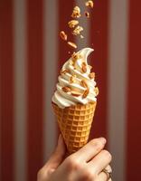 Indulging in a creamy soft-serve ice cream topped with crunchy nuts at a vibrant dessert parlor photo