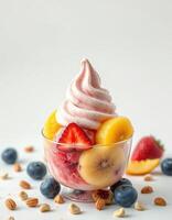 Delicious frozen dessert topped with fresh fruit and nuts served in a clear glass dish photo