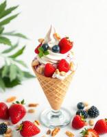 Delicious ice cream cone topped with fresh strawberries, blueberries, and nuts on a white background photo