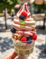 Tasty soft-serve ice cream topped with berries and nuts enjoyed on a sunny day in a vibrant outdoor setting photo